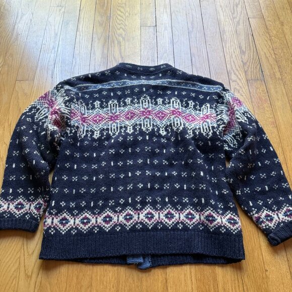 Vintage L.L. Bean Size M Navy Fair Isle Wool 90s Nordic Cardigan Sweater - Picture 12 of 15